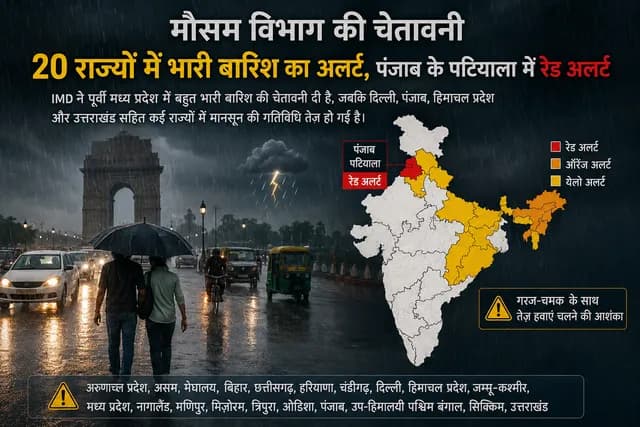 मौसम विभाग की चेतावनी - 20 राज्यों में भारी बारिश, पंजाब के पटियाला में रेड अलर्ट - AI जनरेटेड ग्राफिक